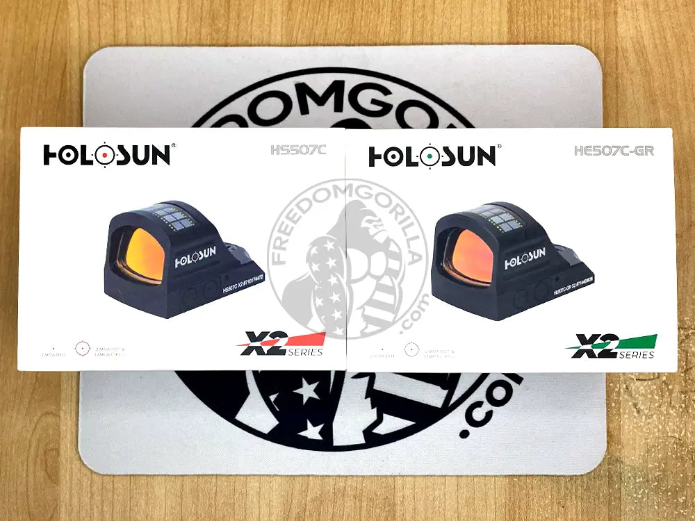 Holosun 507C X2 boxes side by side - red and green