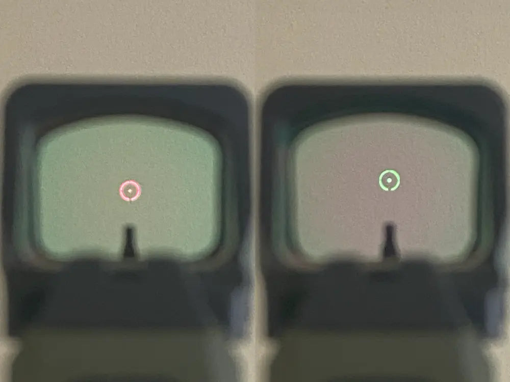 Holosun 507 Comp Reticle side by side, red vs green