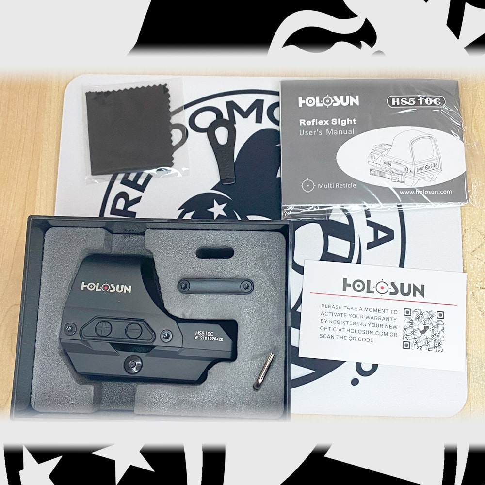 Holosun 510C Unboxed - items included, warranty card, lens cloth, manual, torx wrench, battery tray, holosun tool