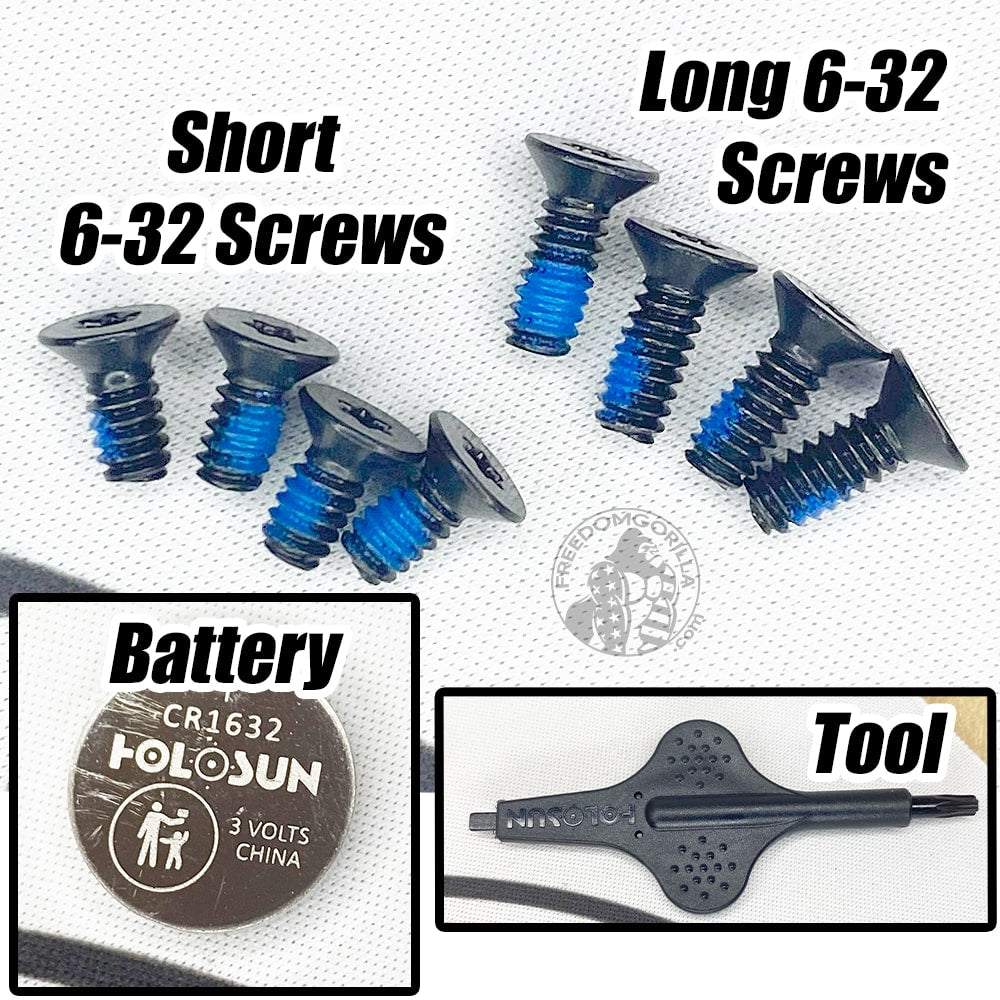 Holosun 507C X2 ACSS Vulcan screws, battery, and tool