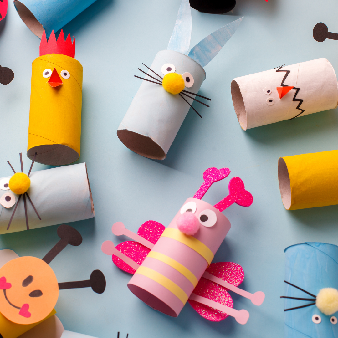 Image of animal kids crafts made out of empty toilet paper rolls