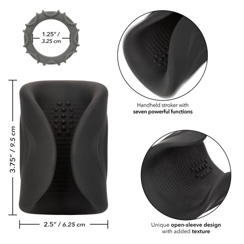 Optimum Power Pro Vibrating Penis Stroker in 3 different closeups listing the various features of the stroker