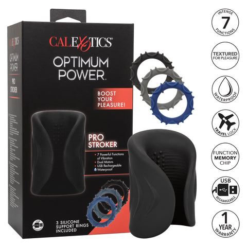 Optimum Power Pro Vibrating Penis Stroker with the box and rings listing various features of the stroker