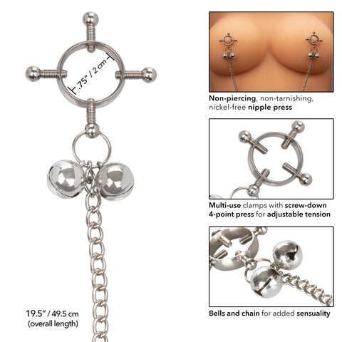 Nipple Grips 4-Point Nipple Press with Bells - set of 2 worn on a female mannequin