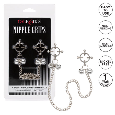 Nipple Grips 4-Point Nipple Press with Bells - set of 2 with package on white background and features listed