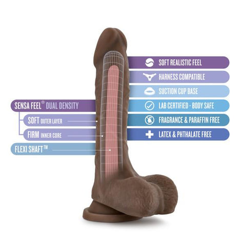 Au Naturel Mister Perfect 8.5 Inch Dildo - Chocolate illustrating the features