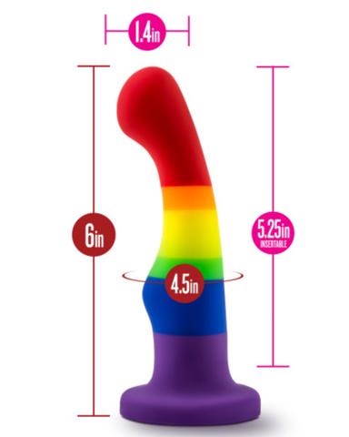 Avant Pride P1 Freedom 6 Inch Silicone Rainbow Dildo showing the dildos measurements