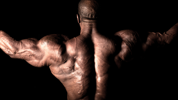 Professional male athlete bodybuilder showcasing his back muscles.