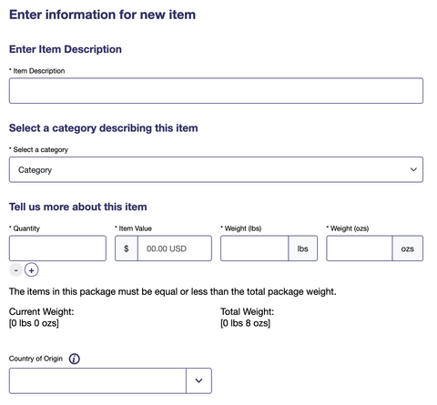 Unfilled customs form on the USPS site