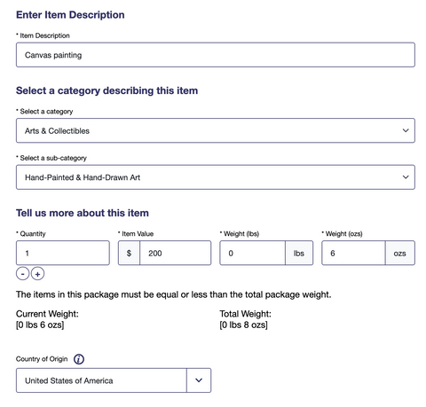 Filled customs form on the USPS site