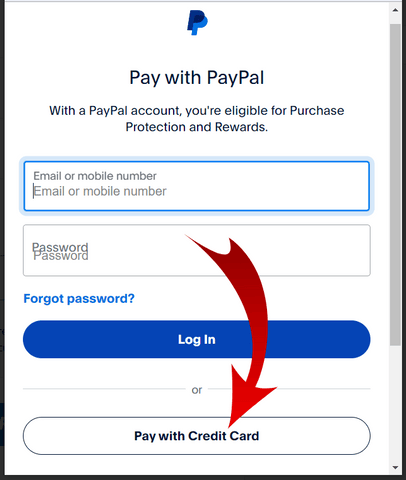 PayPal screenshot with button Pay with Credit Card