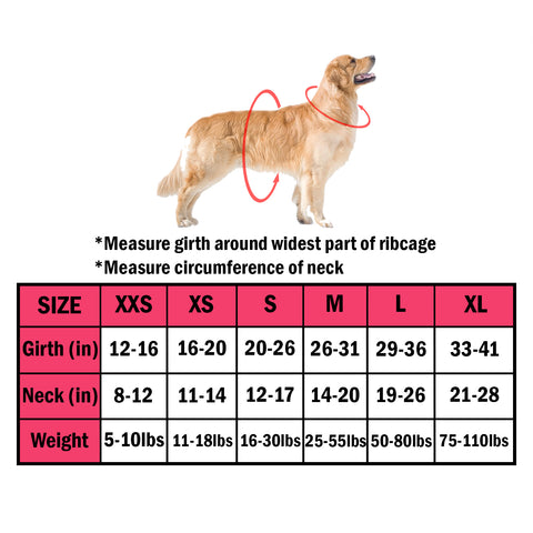 Size chart for a life jacket for dogs