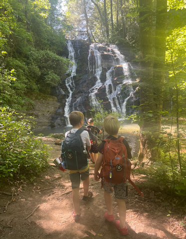 three boys approaching a waterfall in a wooded glen