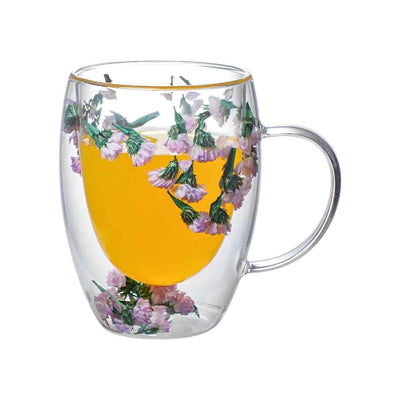 Tasse à café à double paroi Fleur séchée Tasse en verre à double paroi  Tasses à café en verre avec poignée Tasses à café créatives anti-brûlure en