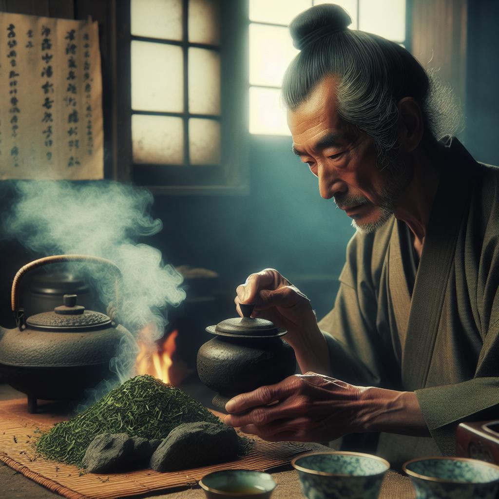 Cérémonie du thé hojicha dans une cuisine japonaise traditionnelle