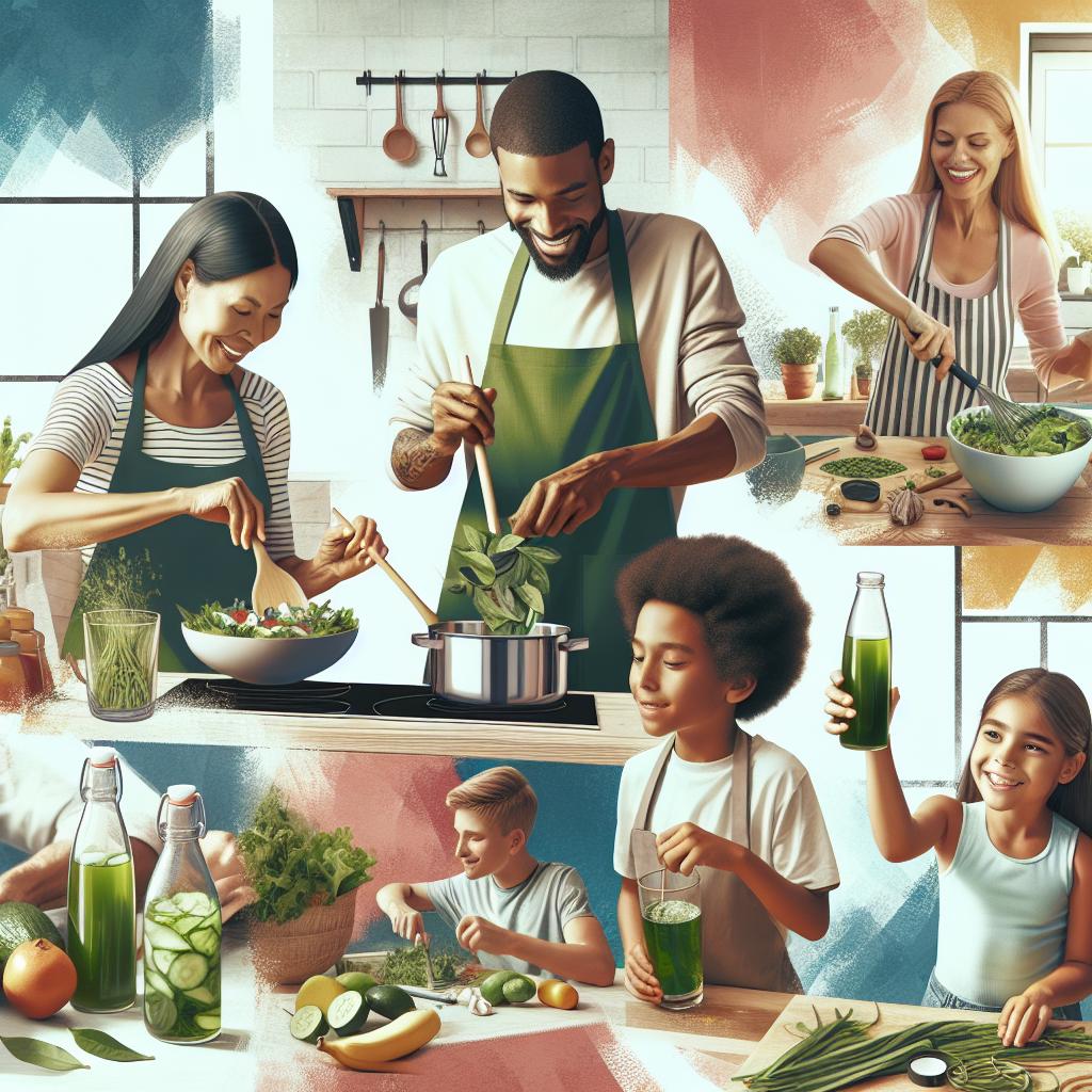 Famille prépare repas avec thé vert en cuisine équilibrée