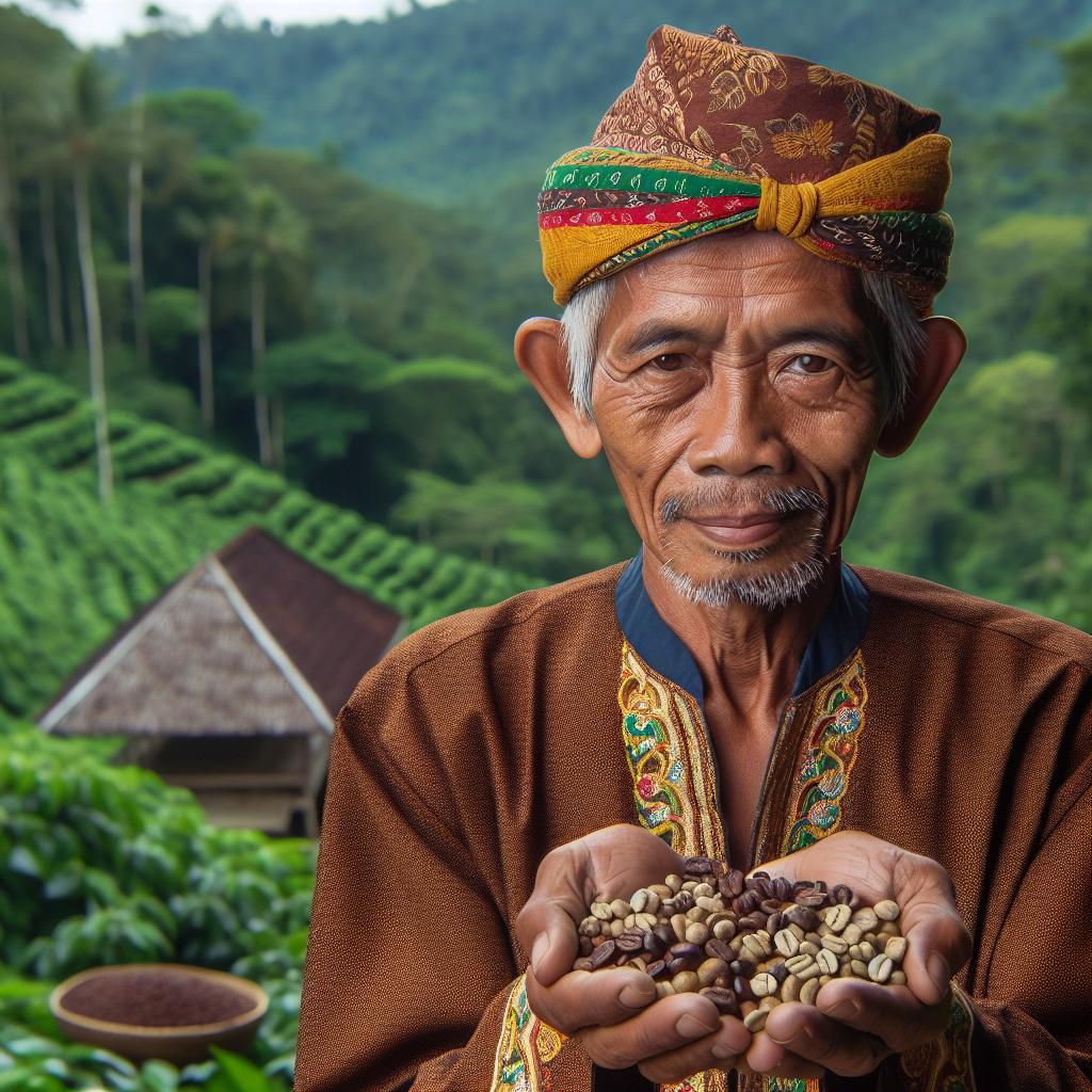 Fermier indonésien fier avec des grains de Kopi Luwak.