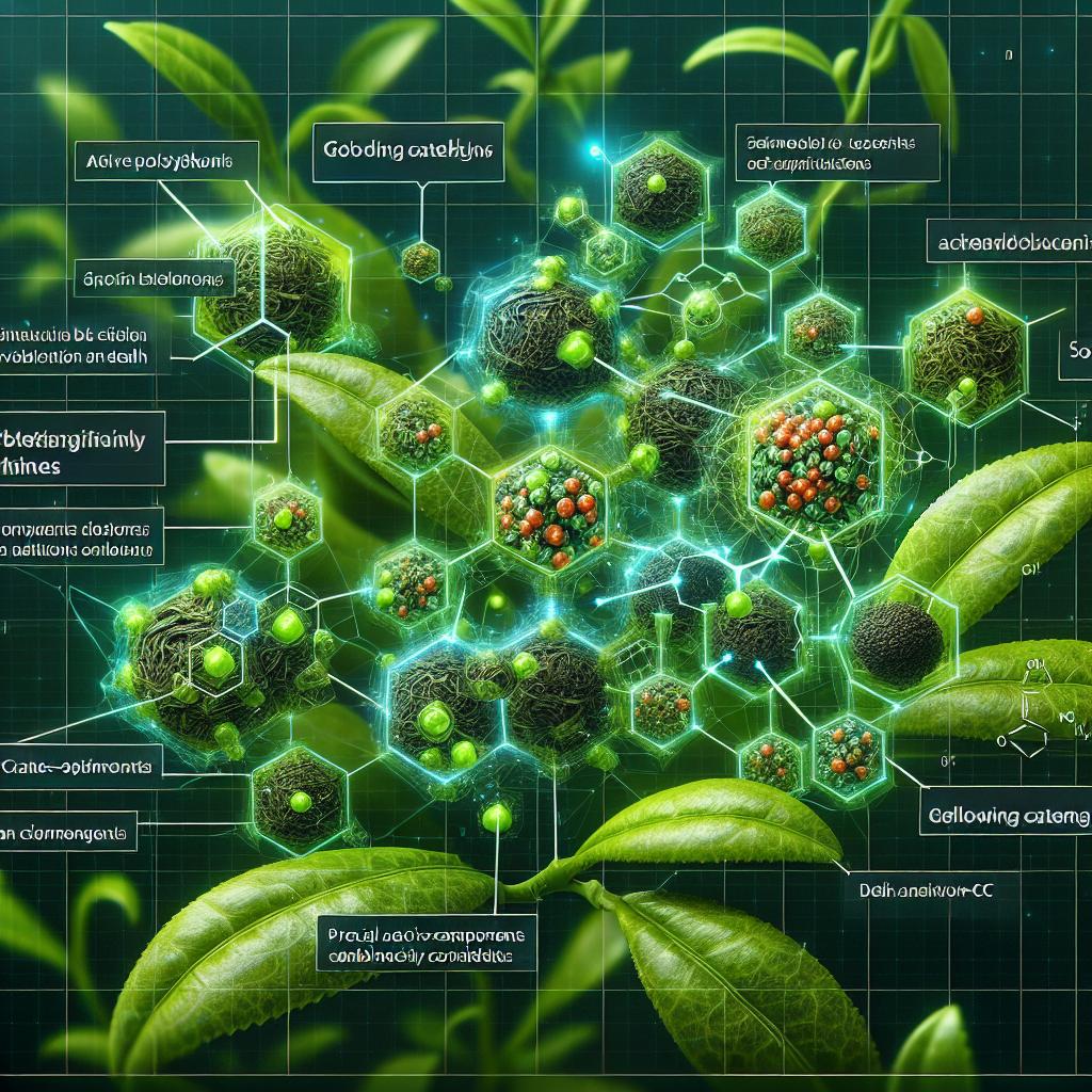 Feuilles de thé vert sous microscope montrant des antioxydants