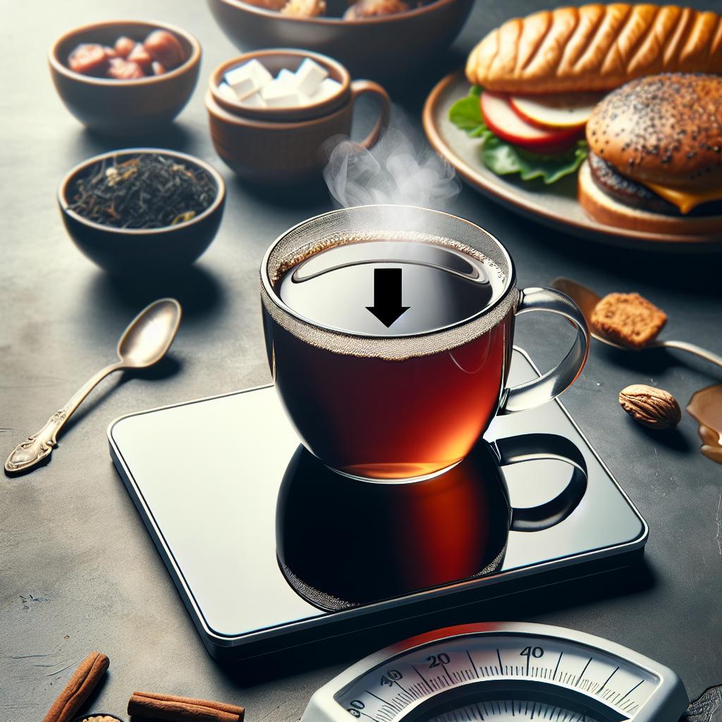 Tasse de thé noir reflétant une silhouette mince pour la perte de poids