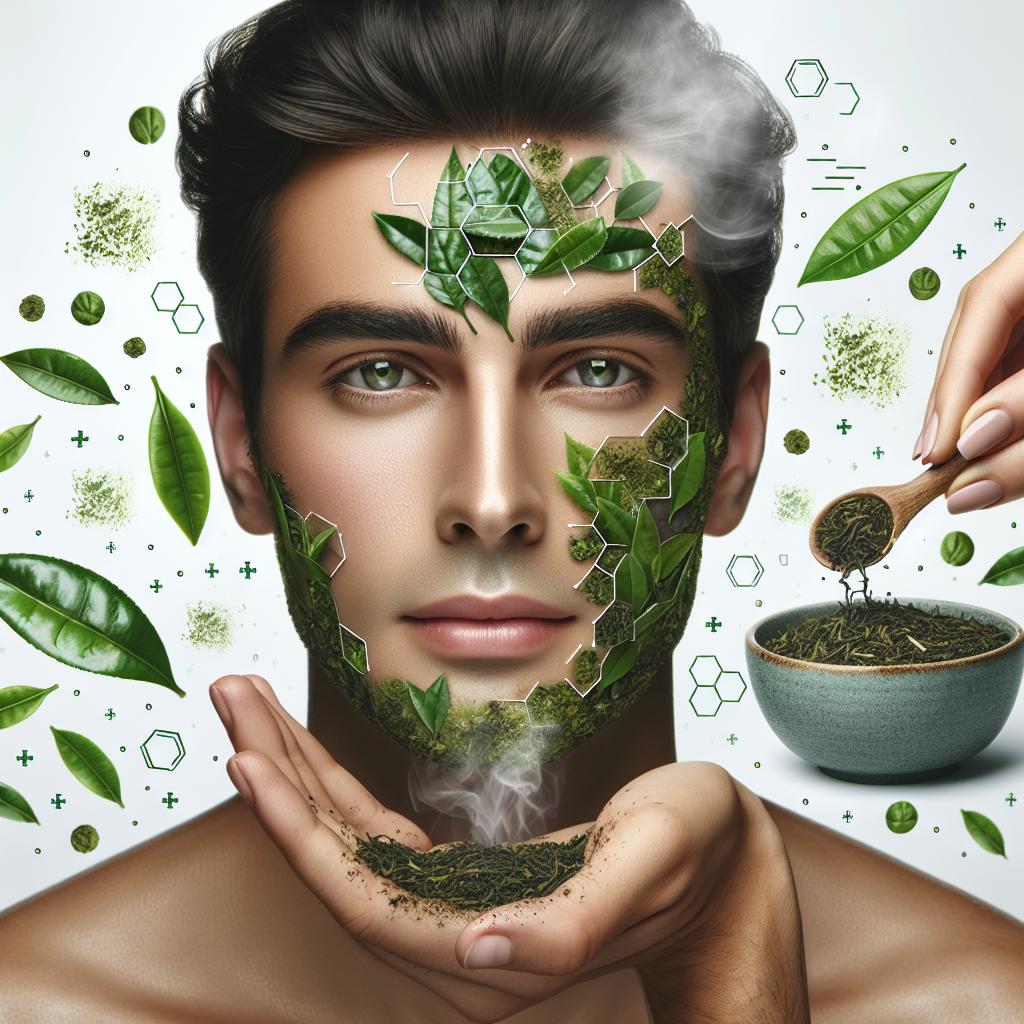 Visage serein entouré de feuilles de thé vert illustrant ses bienfaits