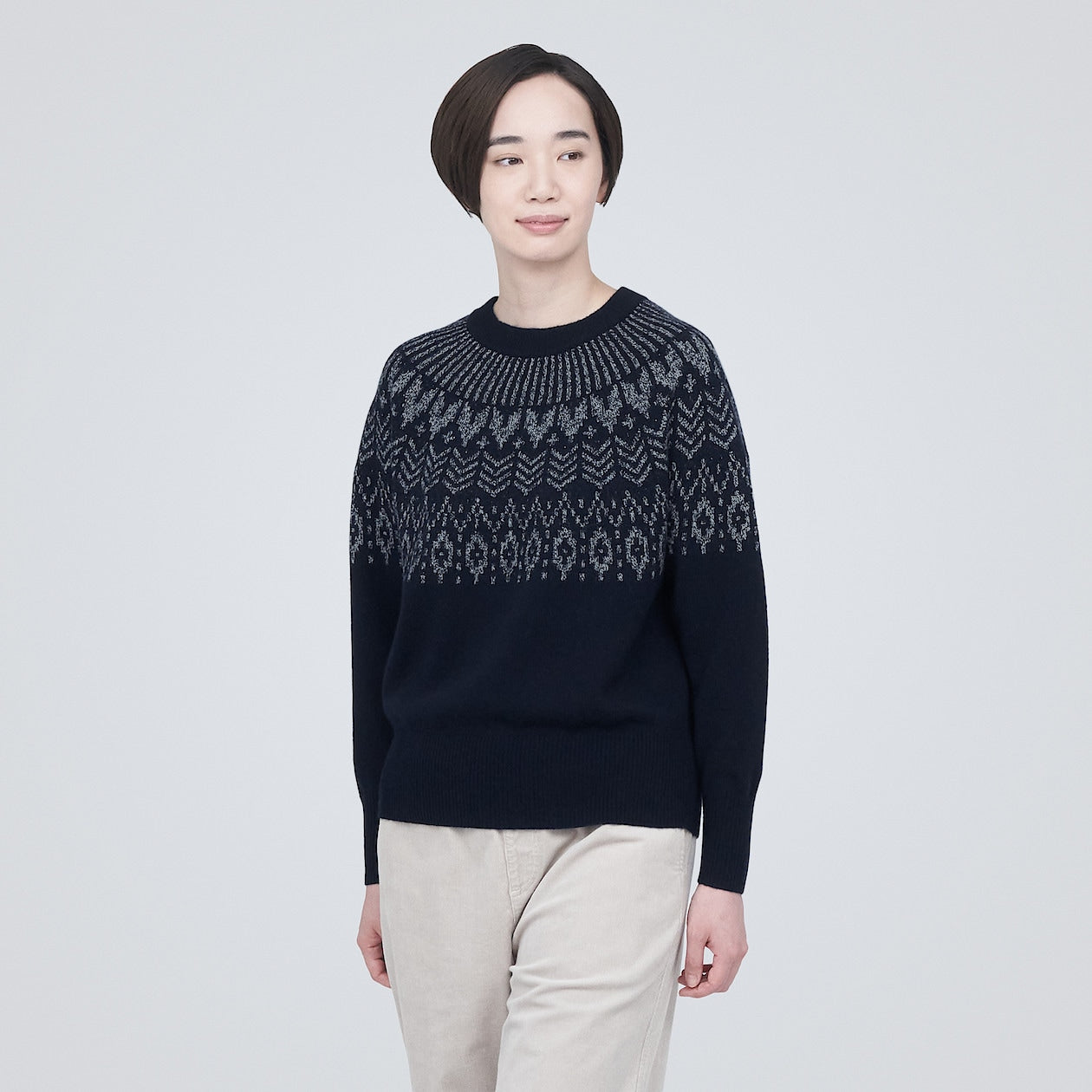 Wool Jacquard Pattern Crewneck Sweater