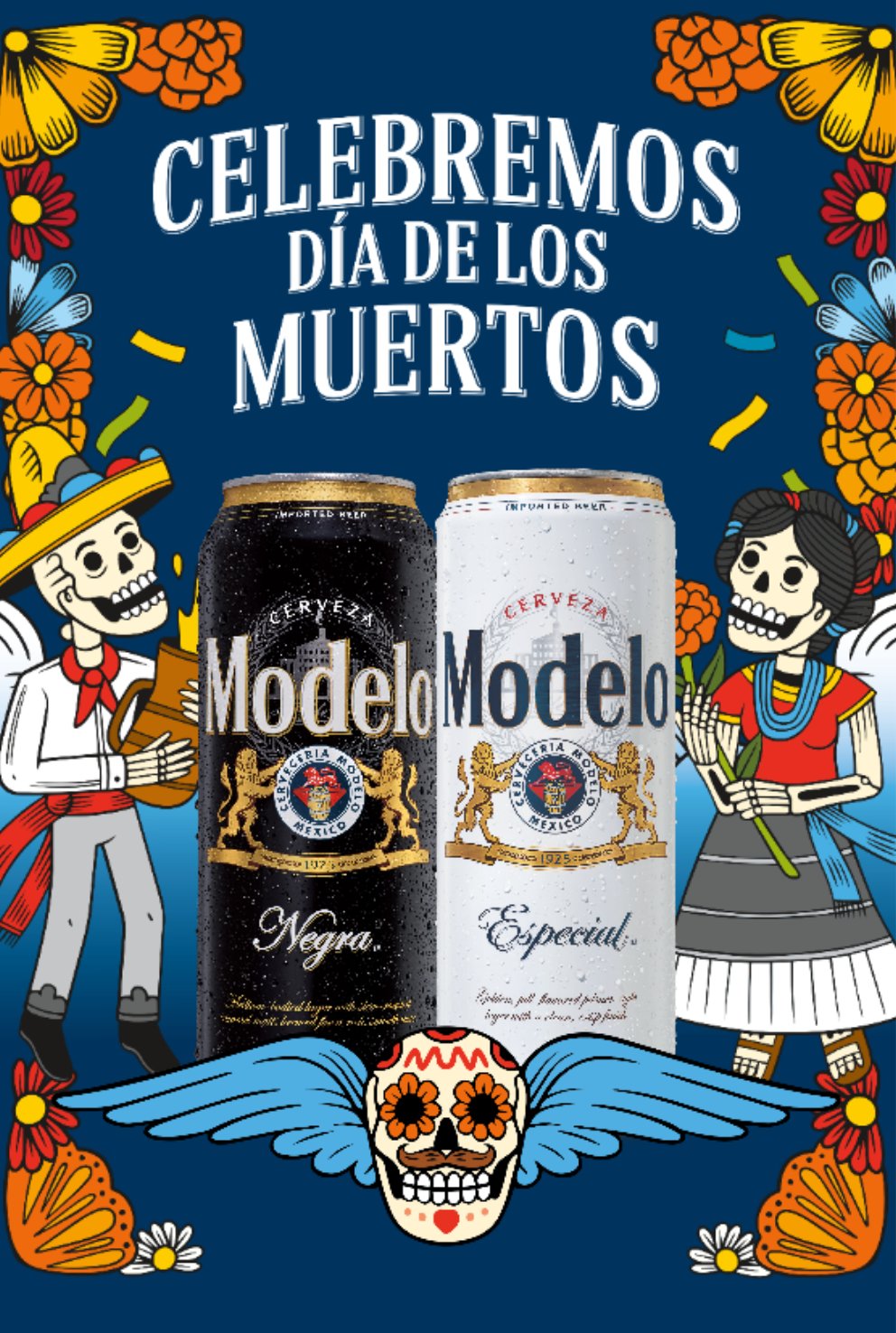 Celebremos Dia De Los Muertos with cans of Modelo Negro and Especial, two sugar skull cartoon characters, and floral decorations