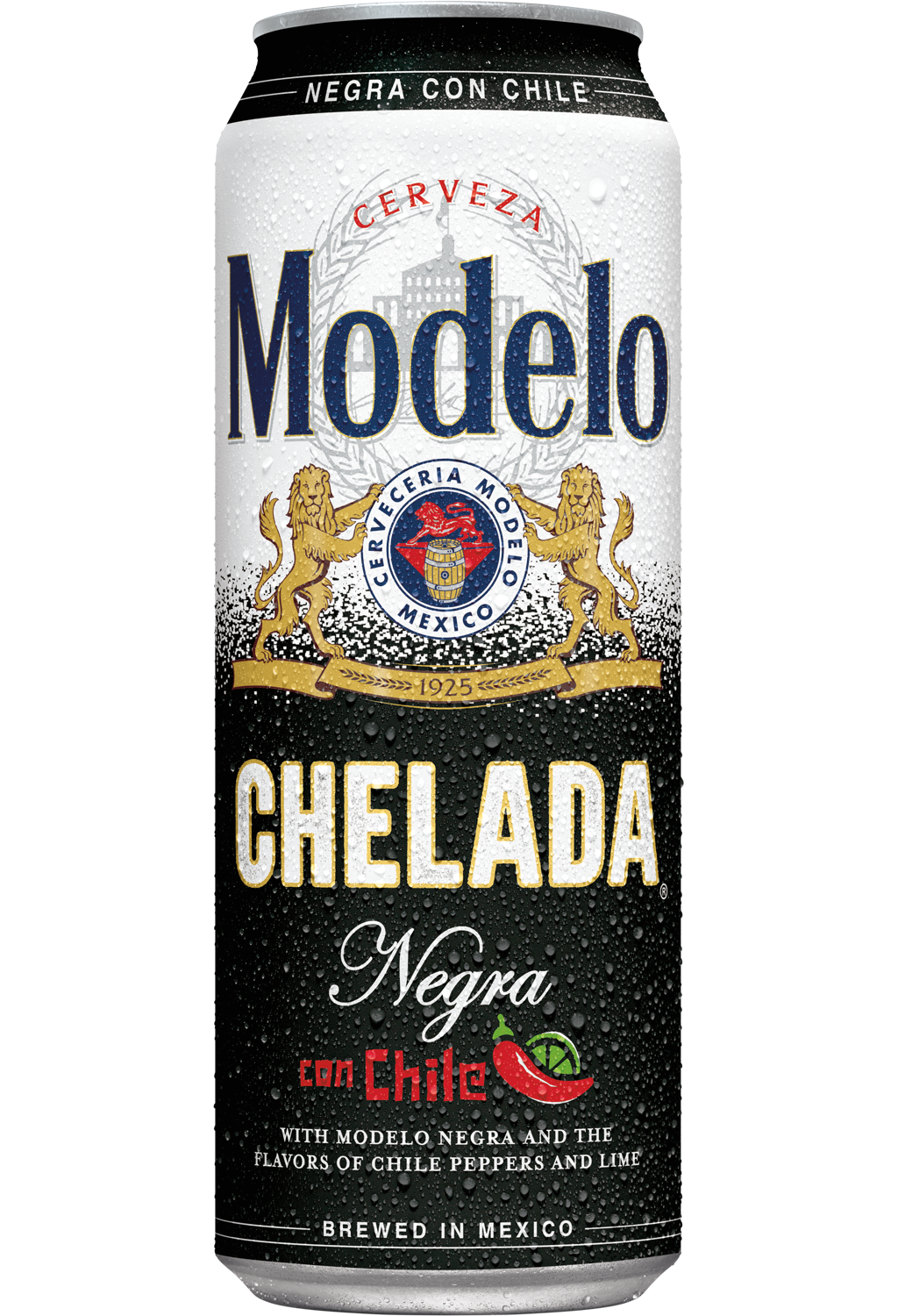 Modelo chelada negra con chile scroll bottle