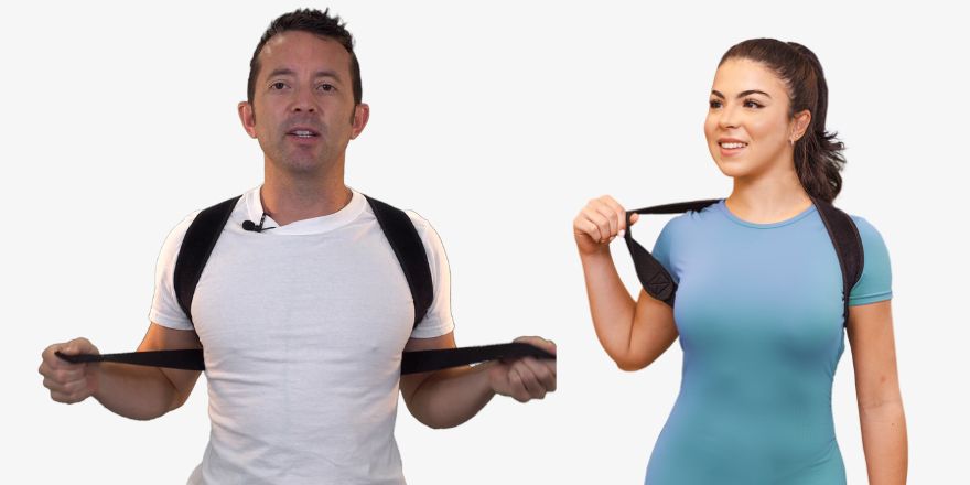 A man and woman showing how the Cayatch posture corrector can be adjusted