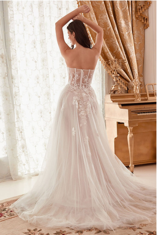 DRAPED SATIN GOWN WITH OVERSKIRT WITH APPLIQUE CORSET WEDDING DRESS BY  CINDERELLA DIVINE CD0186W – Bridal Hive