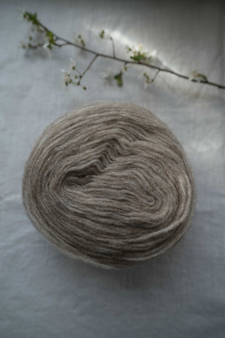 A single plate of beige Nutiden unspun yarn from Höner och Eir, displayed on a neutral background. Above it is a small branch with leaves and white blossoms.