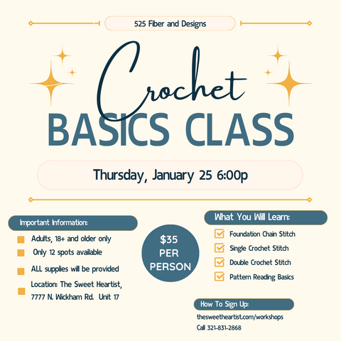 crochet stitching basics class offered by ericka champion wise of 525 designs