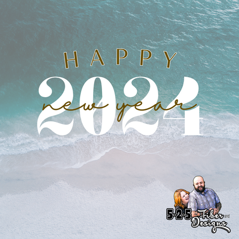 happy new year in brown and white text with ocean background and 525 fiber and designs logo in the bottom right corner