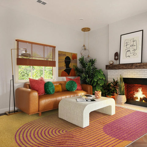 retro room with 70s decor including  brown couch and vibrant geometric rug