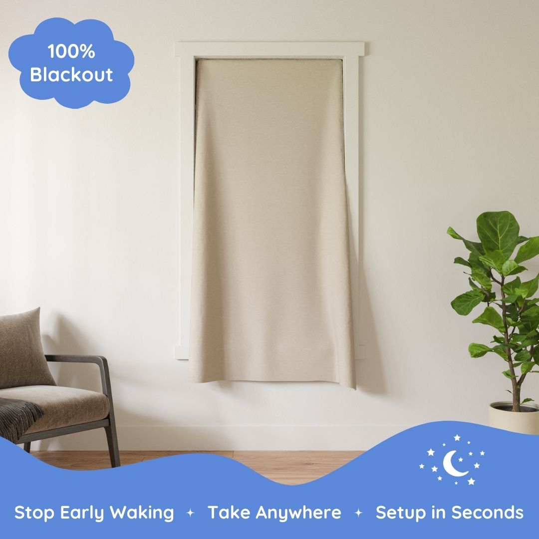 Blackout curtain on a window with a chair and plant nearby, promoting sleep benefits at the bottom.