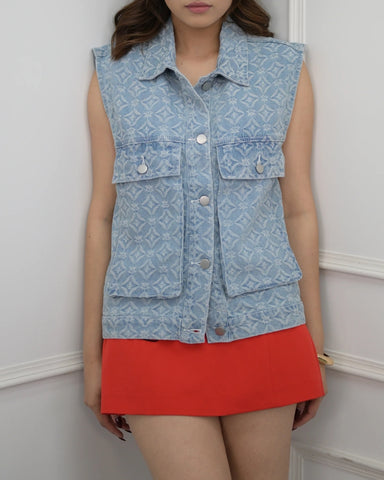 Sleeveless Denim Vest and Red Skirt