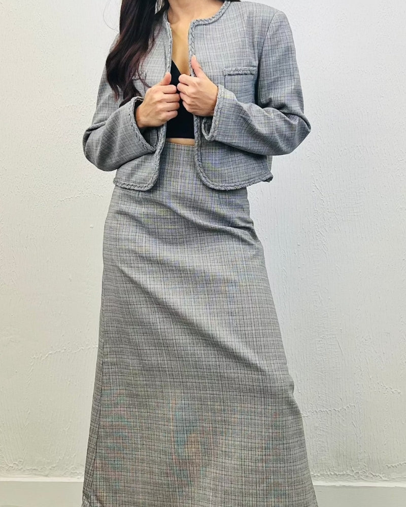 Textured Grey Midi Skirt Set