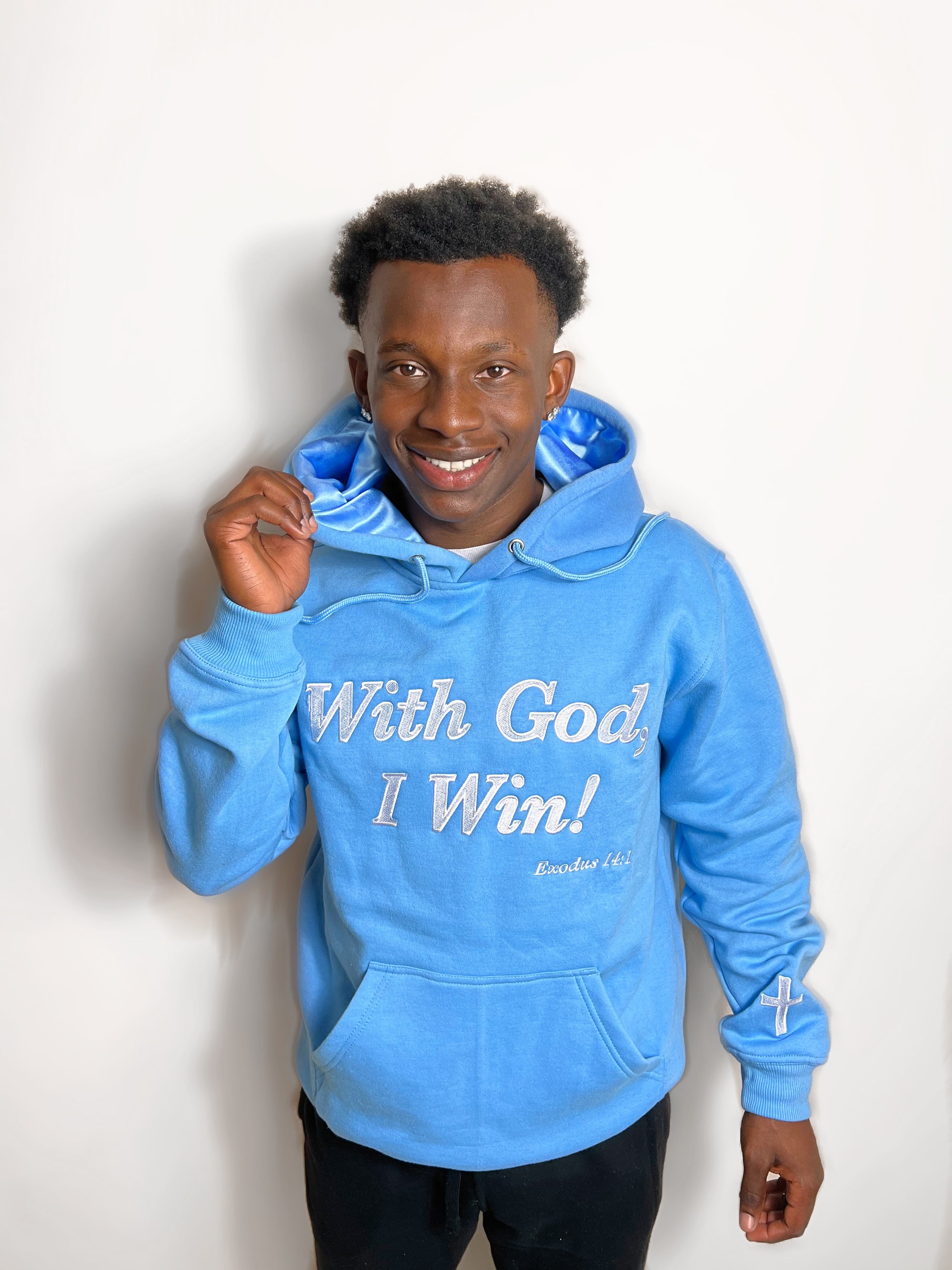 Baby Blue Satin Lined WGIW Hoodie - With God, I Win! Clothing