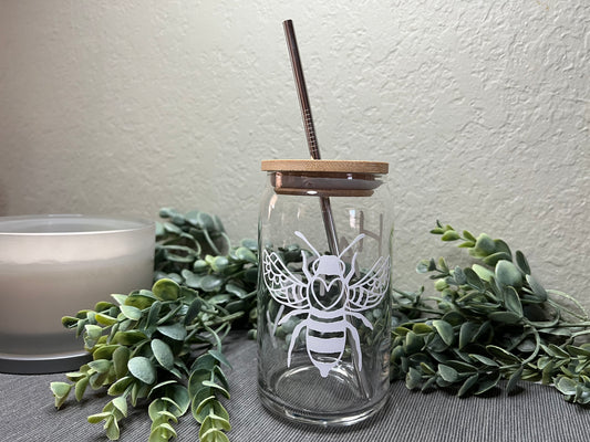 Bees Glass Can Cup With Bamboo Lid, Iced Coffee Cup 