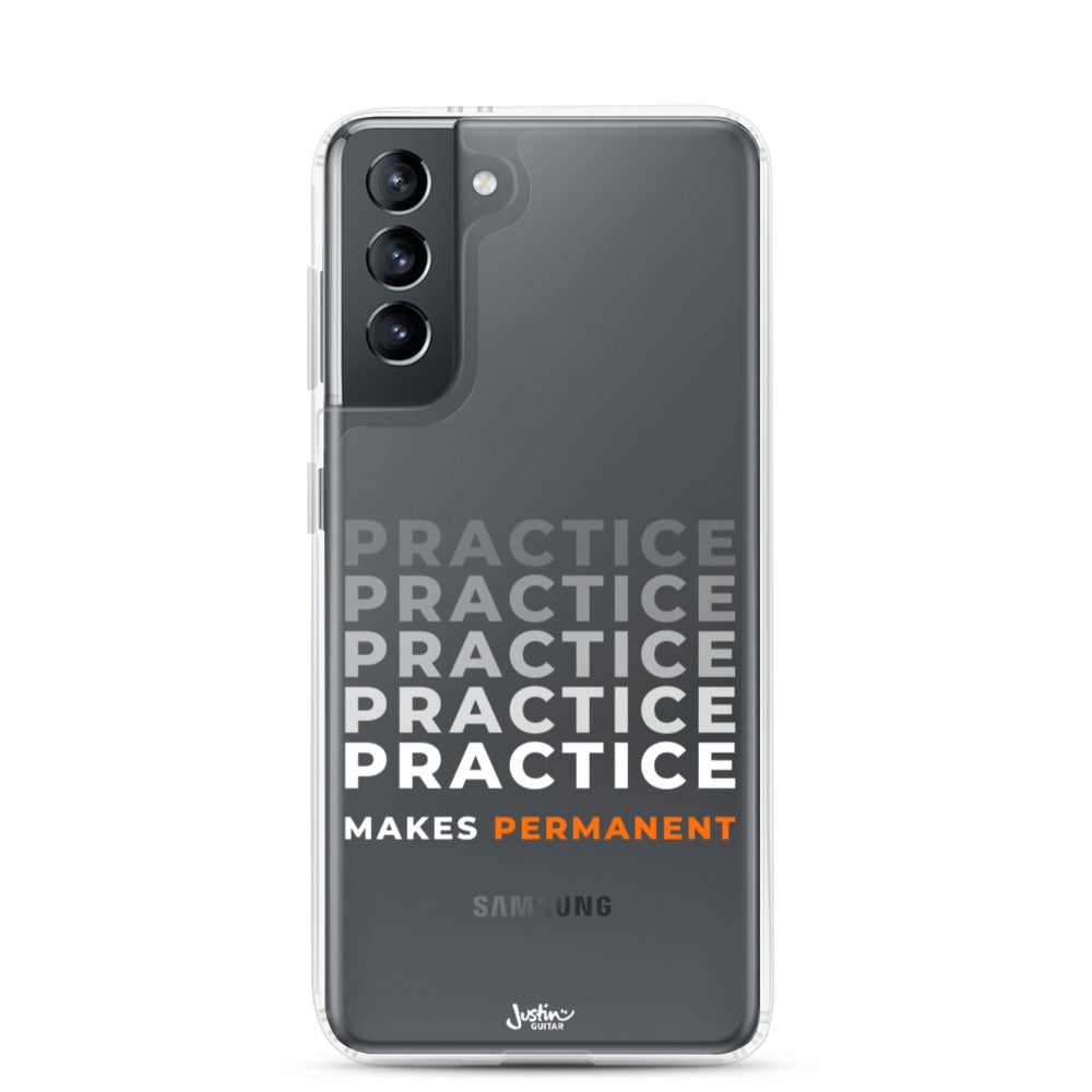 Samsung Galaxy S21 case with 'Practice makes permanent' design.