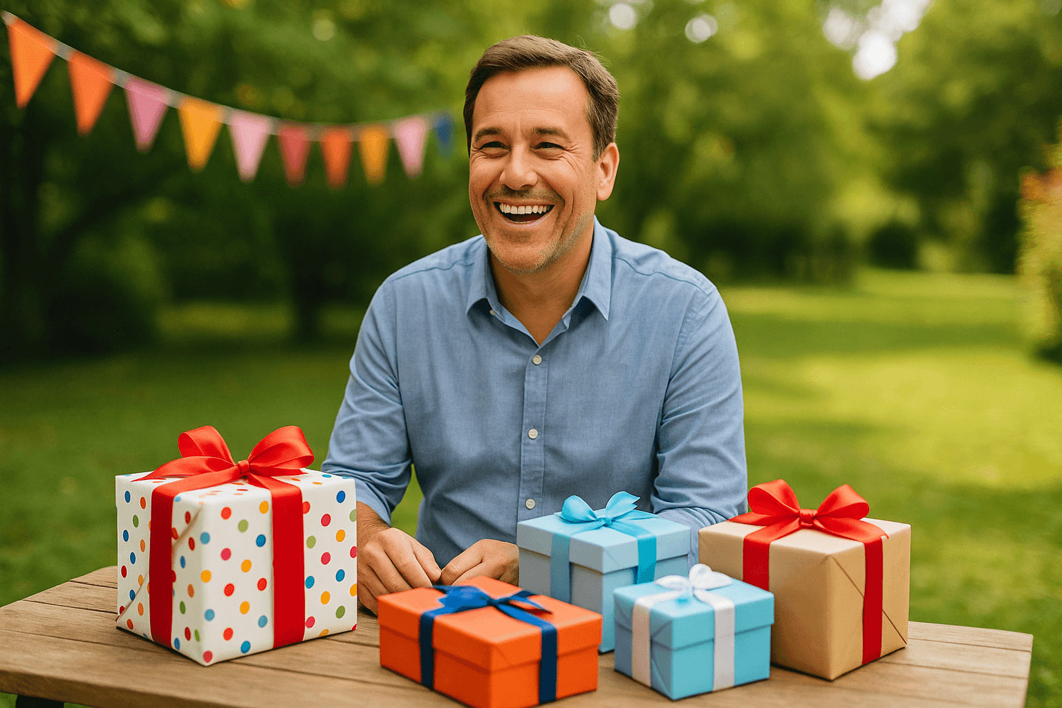 Fröhlicher Mann mittleren Alters bei Gartenfeier, sitzt vor einem Tisch voller bunter Geschenke – Symbolbild für Geschenke für Onkel