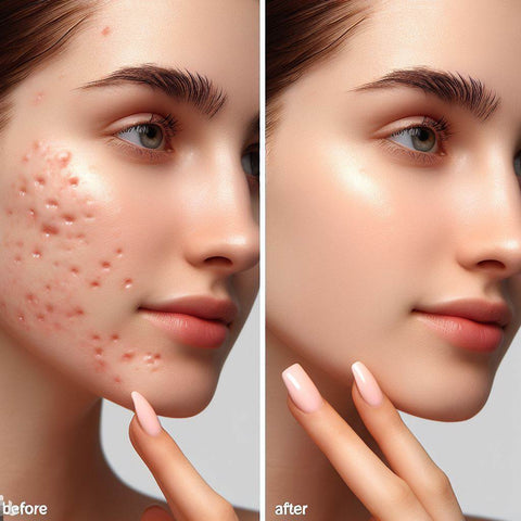 A before and after shot of acne scars on the face, showing improvement after using silicone scar strips.