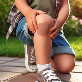 A child playing outside with a silicone scar strip on a knee