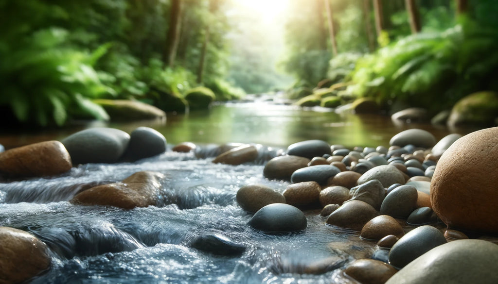 A close-up image of a gentle stream flowing through a natural setting, symbolizing purity