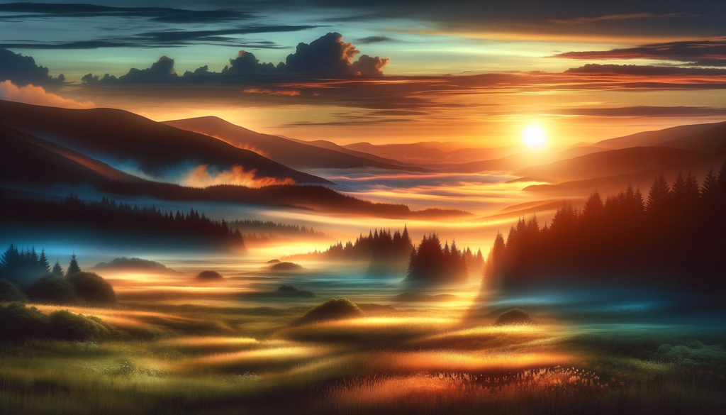 A digital illustration of a serene landscape with a sunrise over a peaceful valley, denoting the new beginnings and rejuvenation associated with restful sleep.