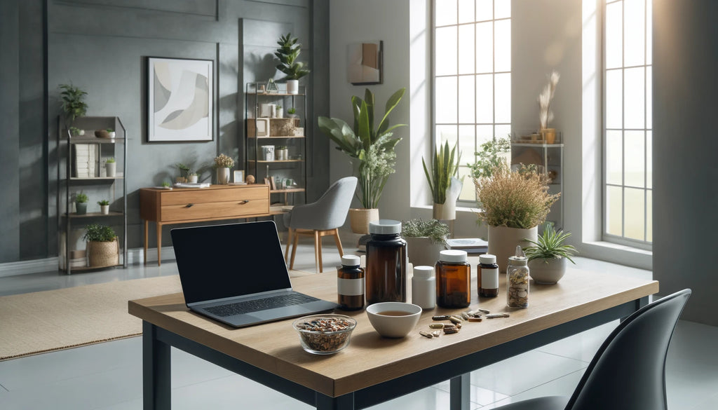 A modern home office with a desk featuring antioxidant supplements, a laptop, and a cup of herbal tea, with natural light and indoor plants