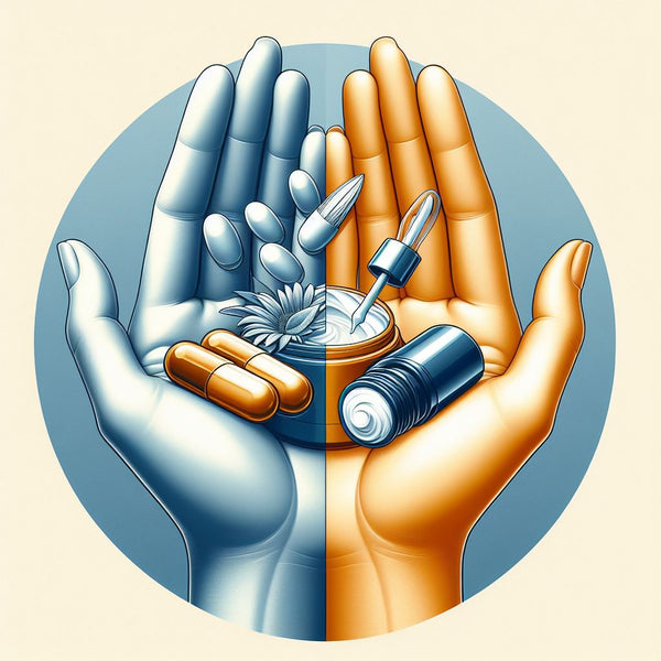 A split-image showing both a hand holding vitamin capsules and another applying a vitamin cream, symbolizing the combined approach.