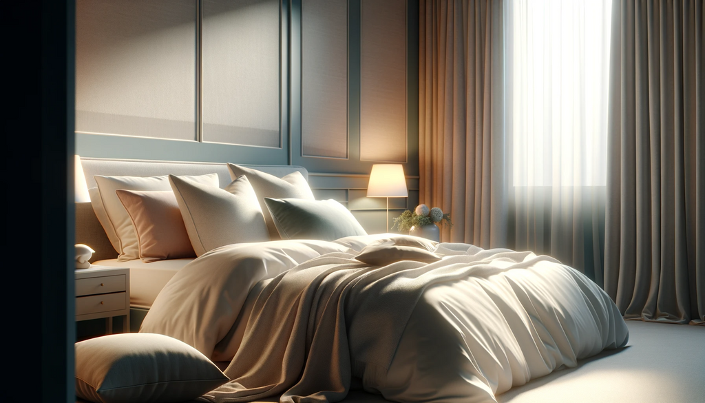 A still life of a comfortable bedroom with soft lighting, plush pillows, and a calming color palette, symbolizing an ideal sleep environment.