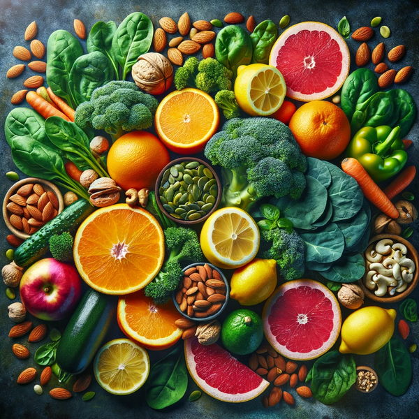 A vibrant and colorful array of foods rich in Vitamin C, K, and Zinc.