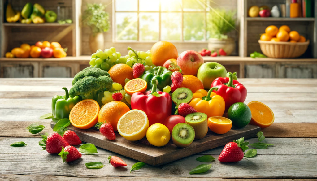 A vibrant display of various natural sources of Vitamin C arranged artistically on a rustic wooden table.