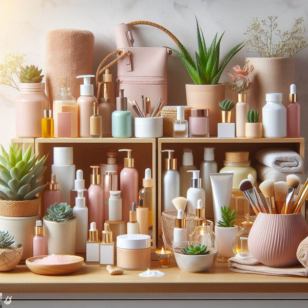 A well-organized skincare shelf or vanity, displaying a range of products